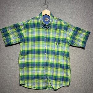 Cinch Mens Plaid Button Down Shirt Green Blue Short Sleeve Logo Pocket Medium